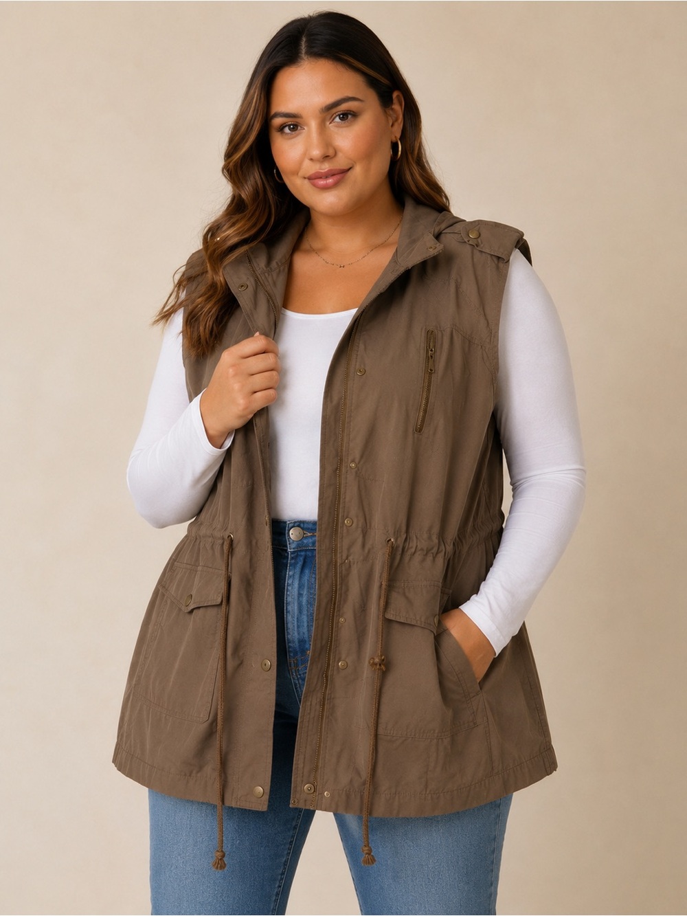 Zenana Outfitters Sleeveless Hooded Utility Vest - Taupe Brown